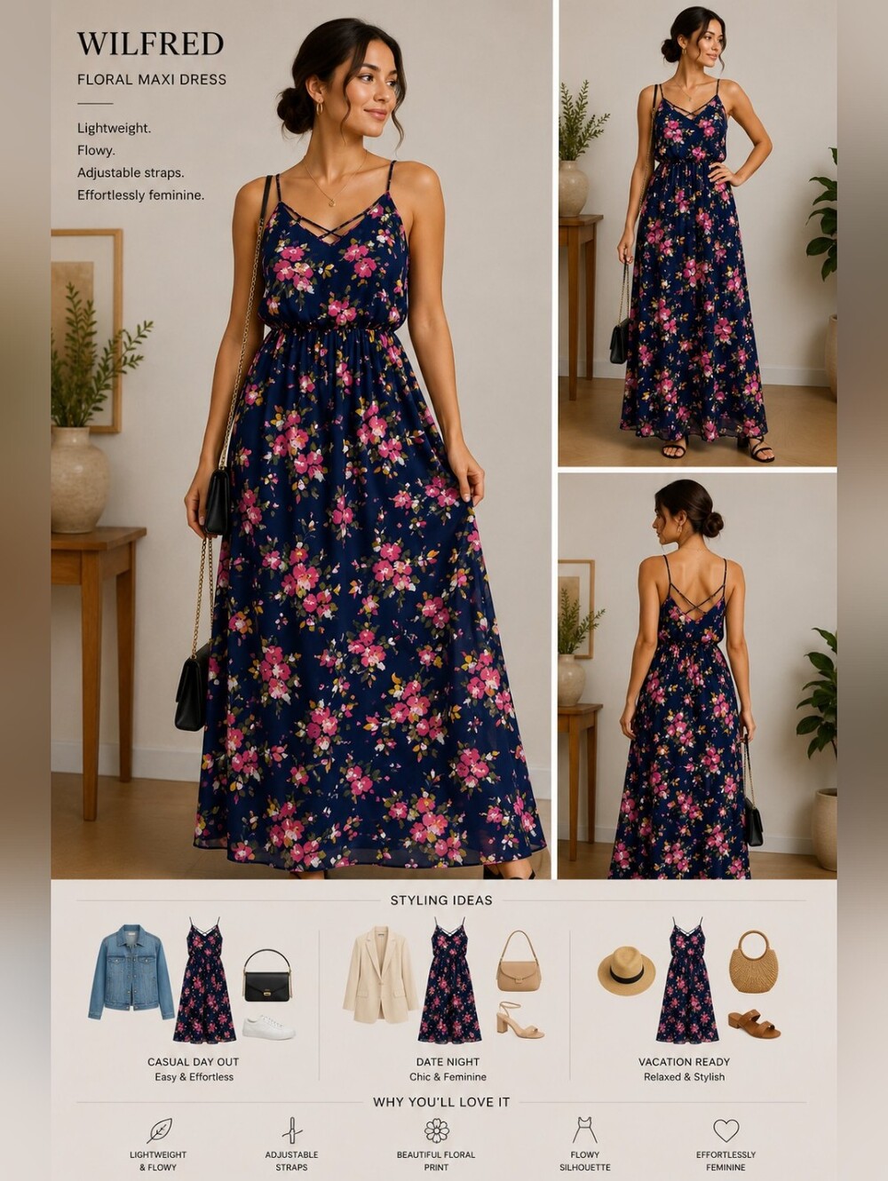 Sienna Sky - Floral Spaghetti Strap Maxi Dress in Navy Blue